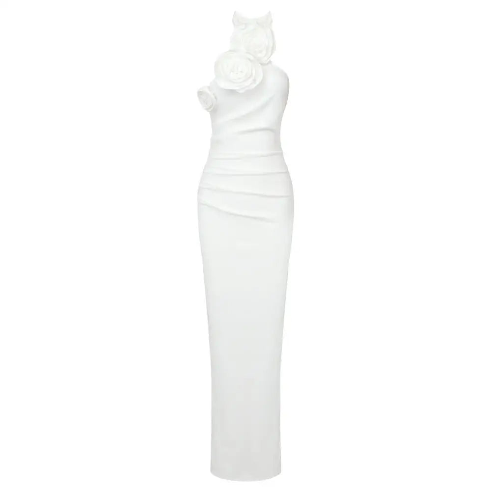 Satin White Ribbon Flower Halter Gown