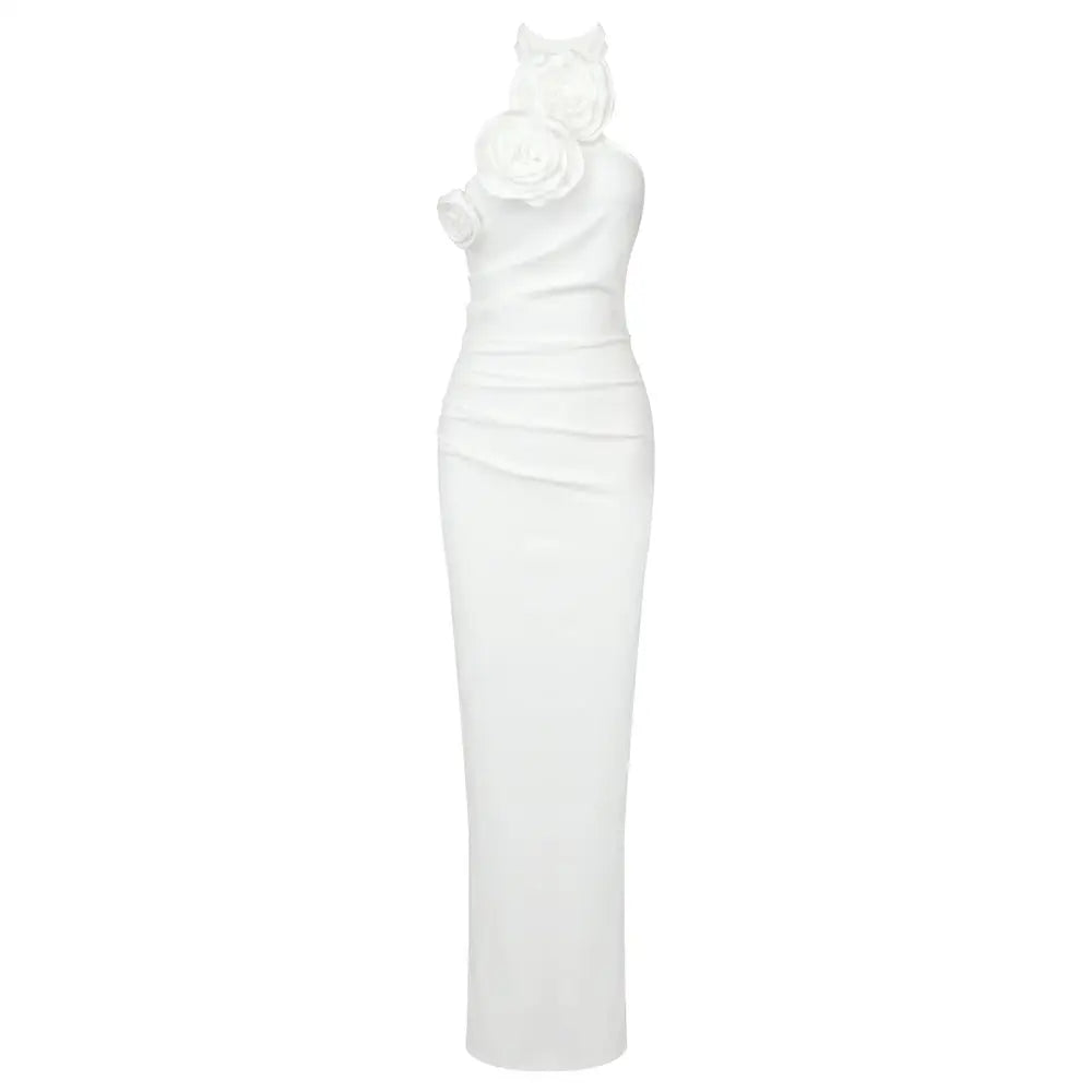 Satin White Ribbon Flower Halter Gown