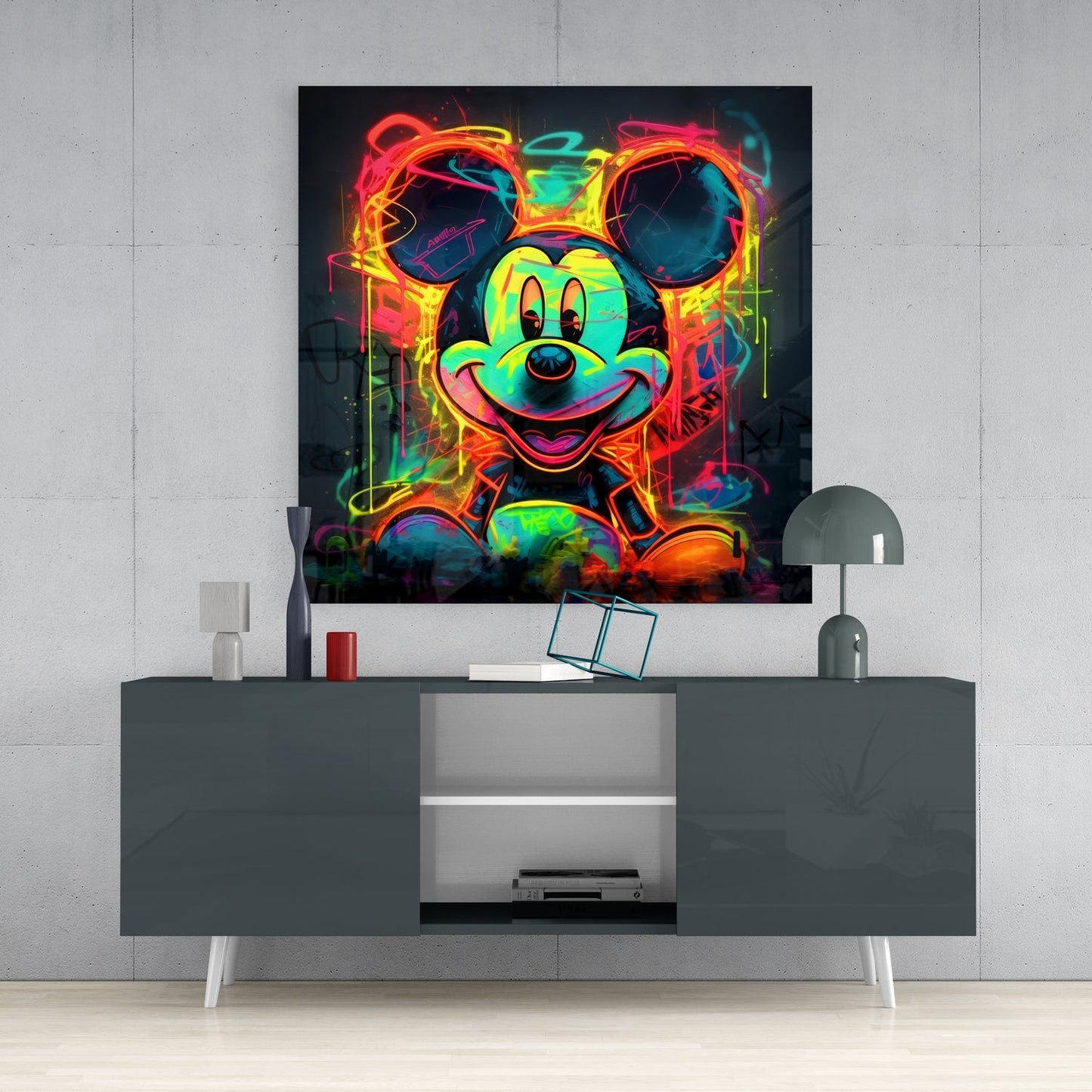 Neon Mickey Glass Wall Art|| Designer's Collection