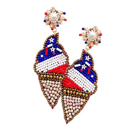 Seed Beaded American USA Flag Ice Cream Earrings