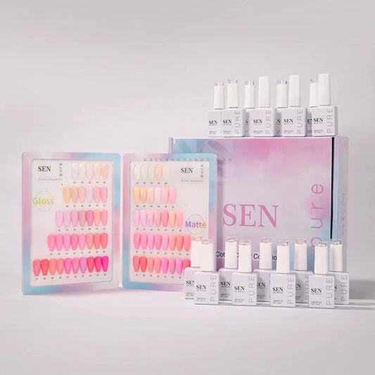 A professional product display showcasing the SEN Pure Cotton Candy 36-piece gel polish collection, featuring neatly arranged polish bottles alongside color-coded display boards on a clean, light gray background.