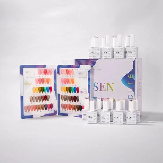 A clean, professional product display of the SEN Pure Jelly 36 Gel collection featuring neatly arranged glass nail polish bottles and color-accurate swatches on a crisp white background.