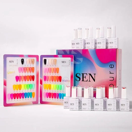 Collection of SEN nail polish products including bottles, a color chart, and a large box on a white background.