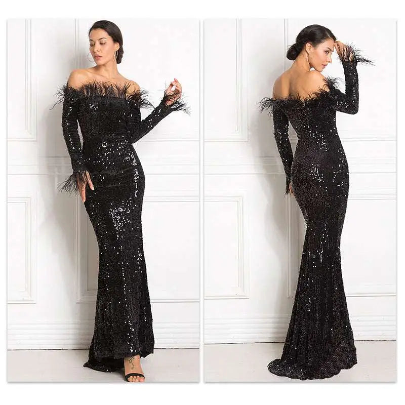 Sequin Burgundy Feather Fishtail Party Formal Dress
