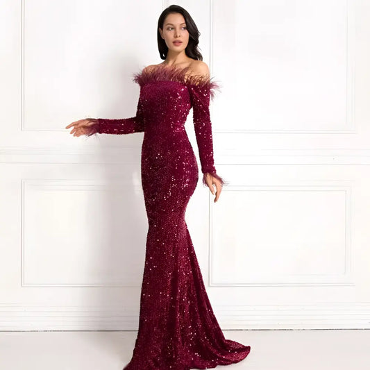 Sequin Burgundy Feather Fishtail Party Formal Dress
