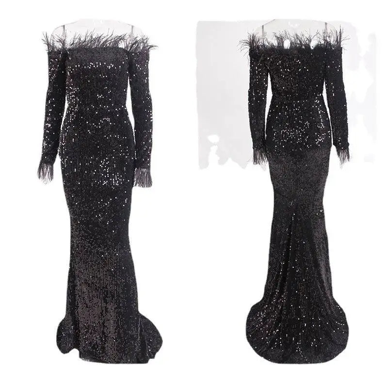 Sequin Burgundy Feather Fishtail Party Formal Dress