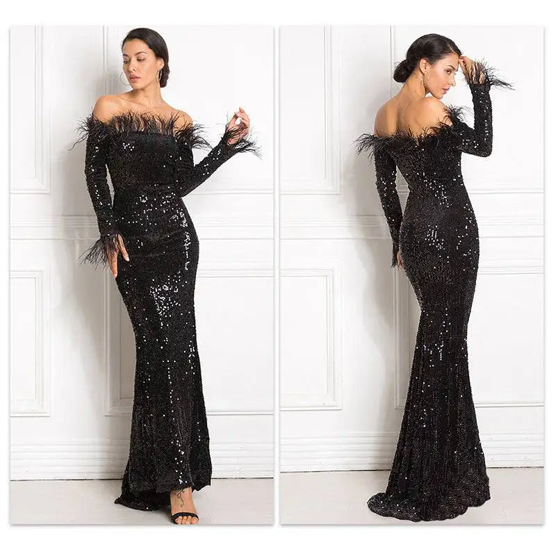 Sequin Burgundy Feather Fishtail Party Formal Dress