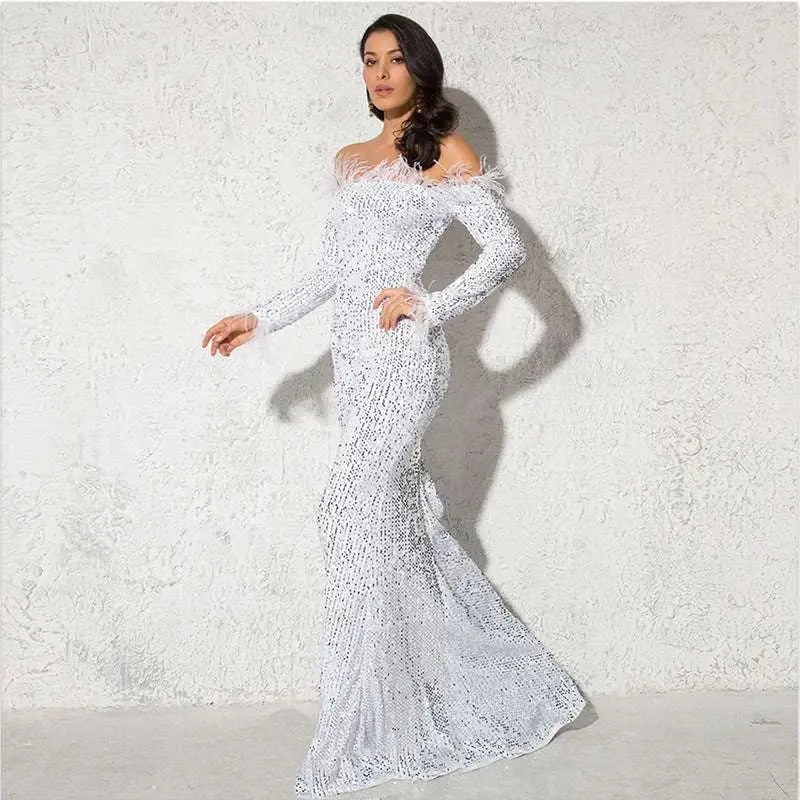 Sequin Burgundy Feather Fishtail Party Formal Dress