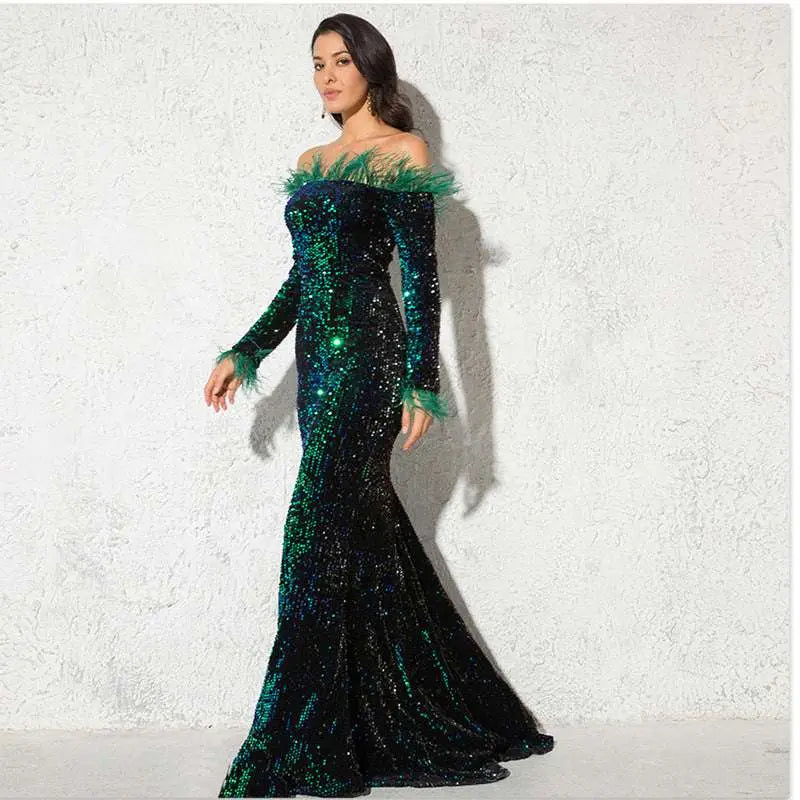 Sequin Burgundy Feather Fishtail Party Formal Dress