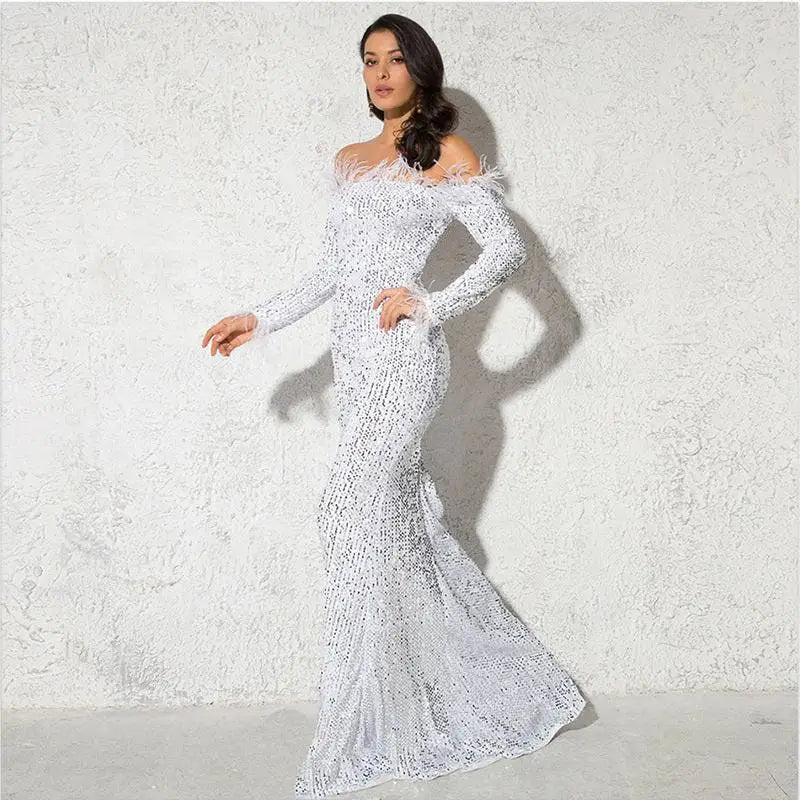 Sequin Burgundy Feather Fishtail Party Formal Dress