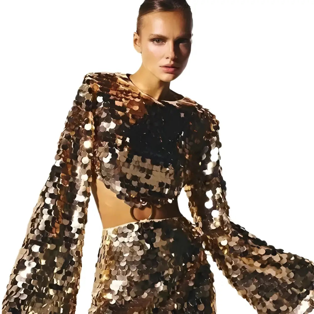 Sequined Angel Long Sleeve Round Neck Evening Dress
