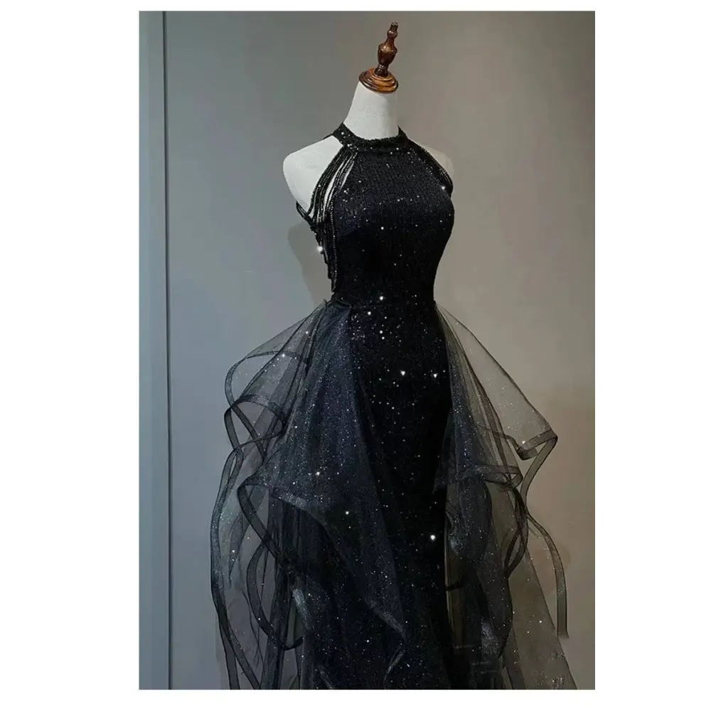 Sequined Halter Tulle Black Evening Dress