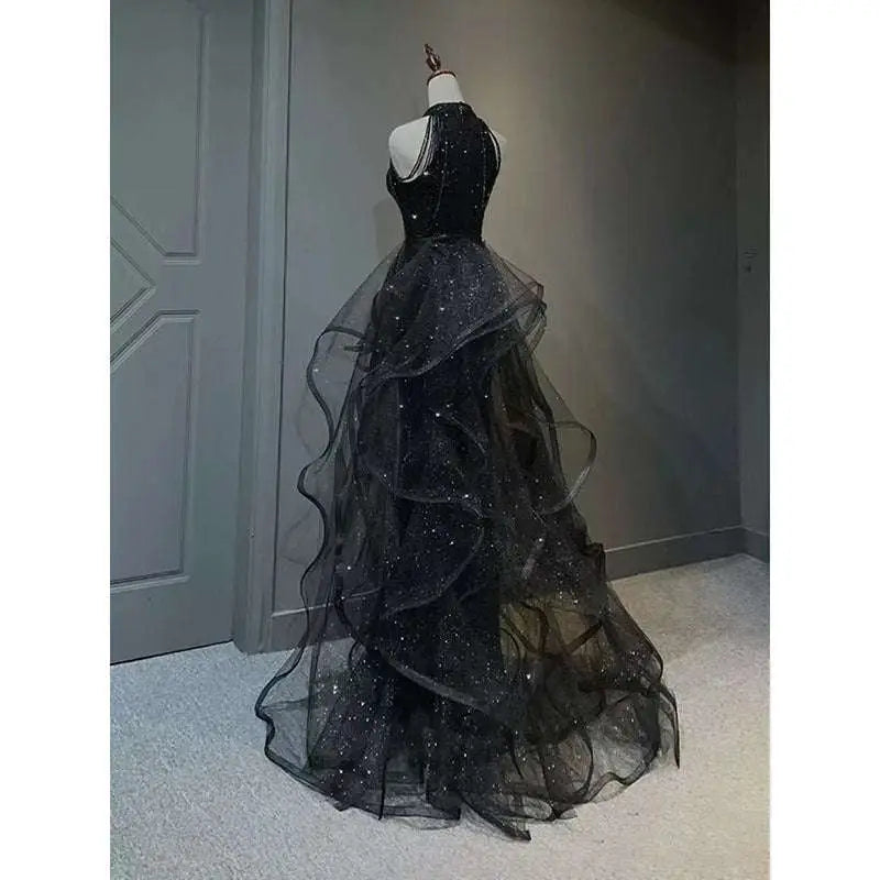 Sequined Halter Tulle Black Evening Dress