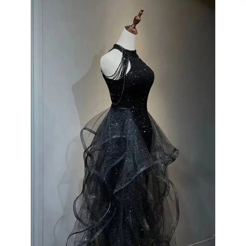 Sequined Halter Tulle Black Evening Dress
