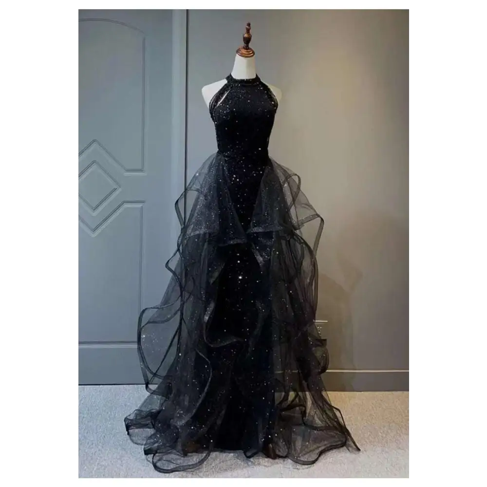 Sequined Halter Tulle Black Evening Dress