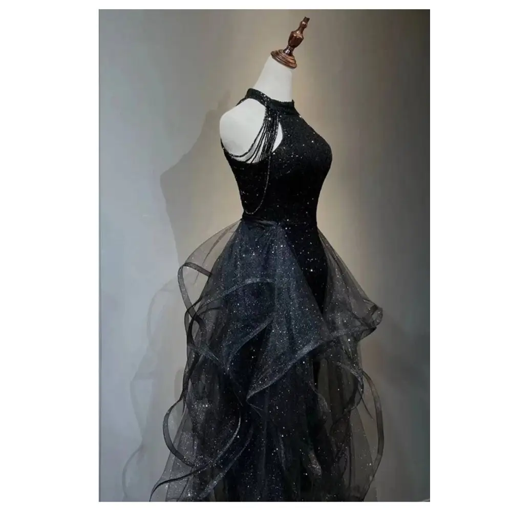 Sequined Halter Tulle Black Evening Dress