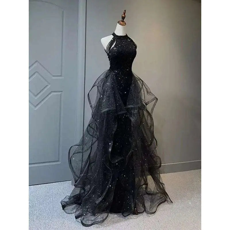 Sequined Halter Tulle Black Evening Dress