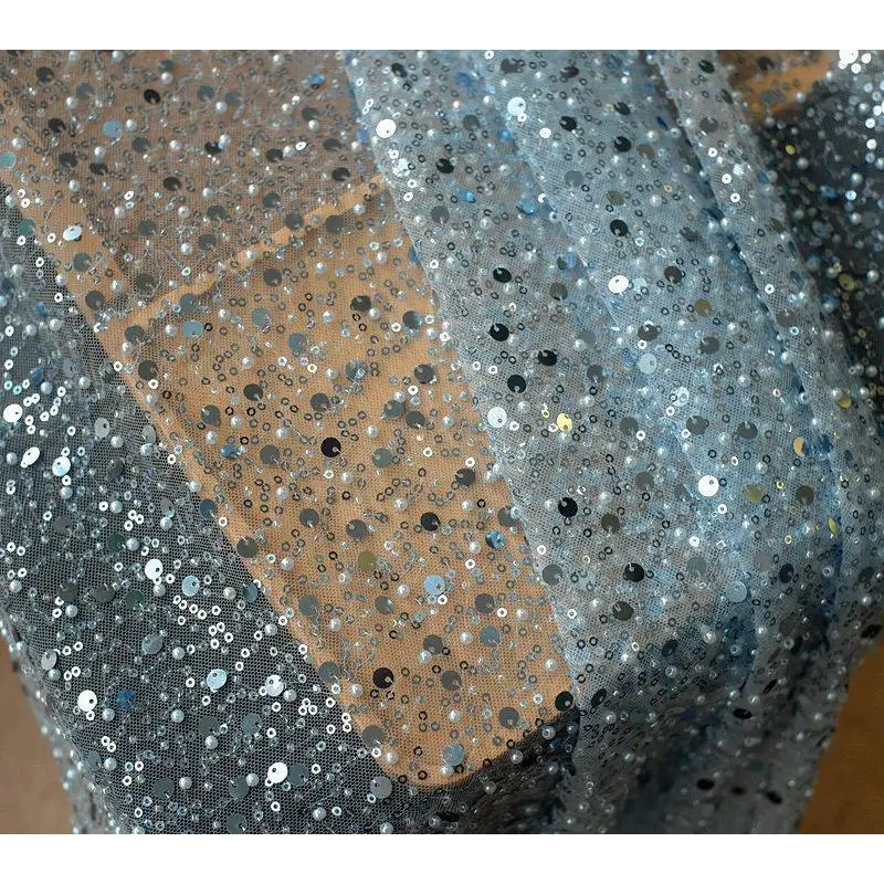 Sequined Pearl Embroidery Lace Asymmetric Dress