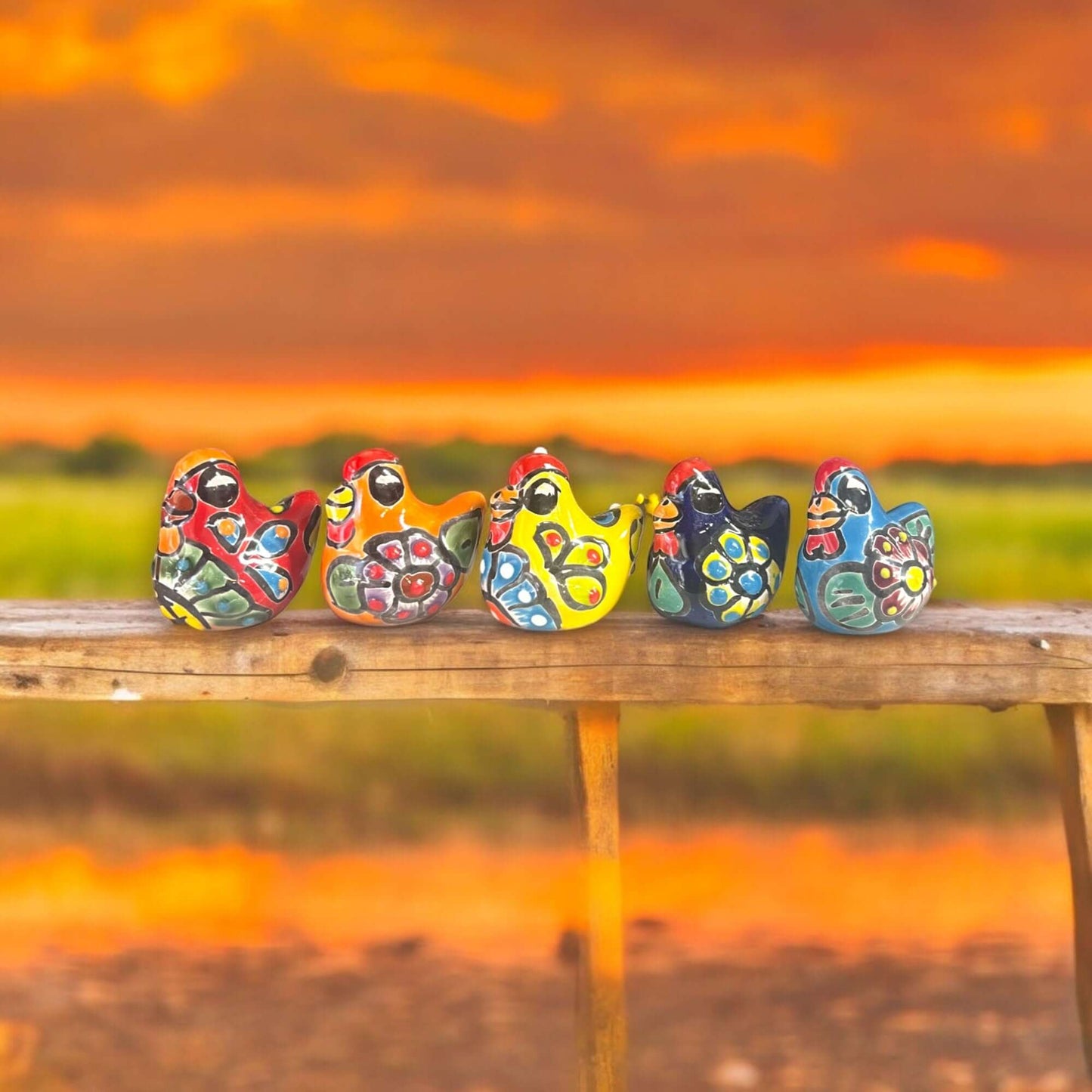 Set of 2 Hand-Painted Talavera Chicken Figurines | Mexican Ceramic Chickens