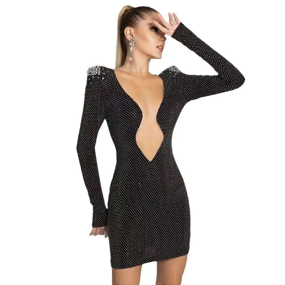 Sexy Rhinestone Bandage Long Sleeve Mini Dress