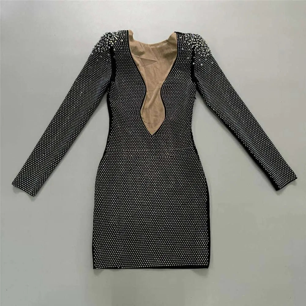 Sexy Rhinestone Bandage Long Sleeve Mini Dress