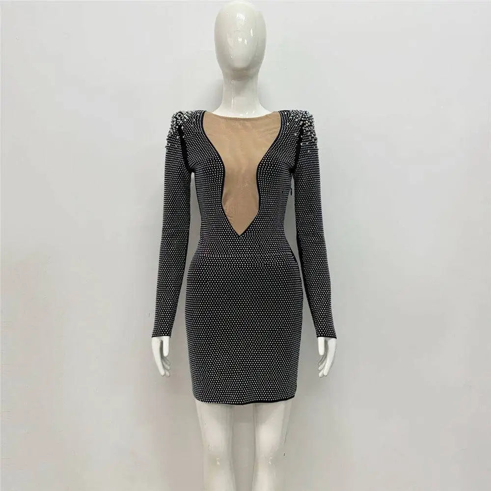 Sexy Rhinestone Bandage Long Sleeve Mini Dress