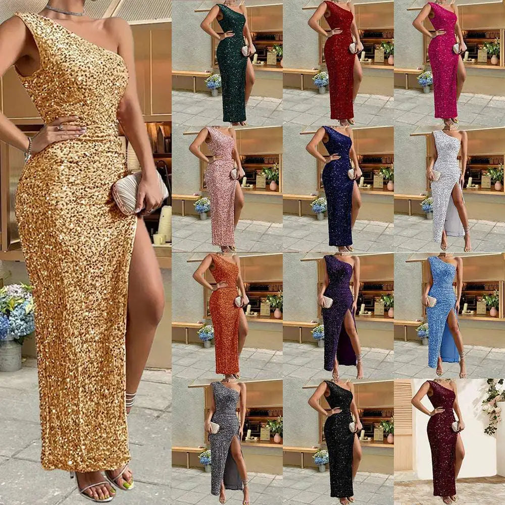 Sexy Sequined Shoulder Sleeping Beauty Split Dress