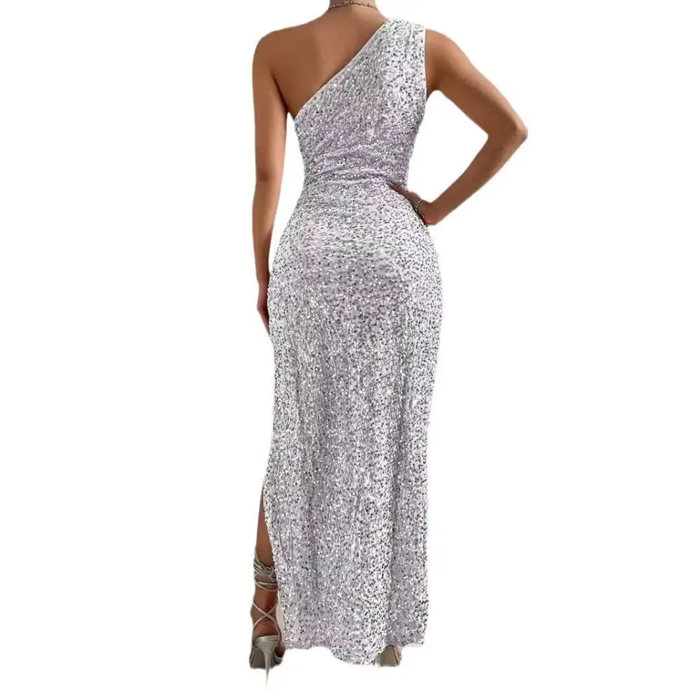 Sexy Sequined Shoulder Sleeping Beauty Split Dress