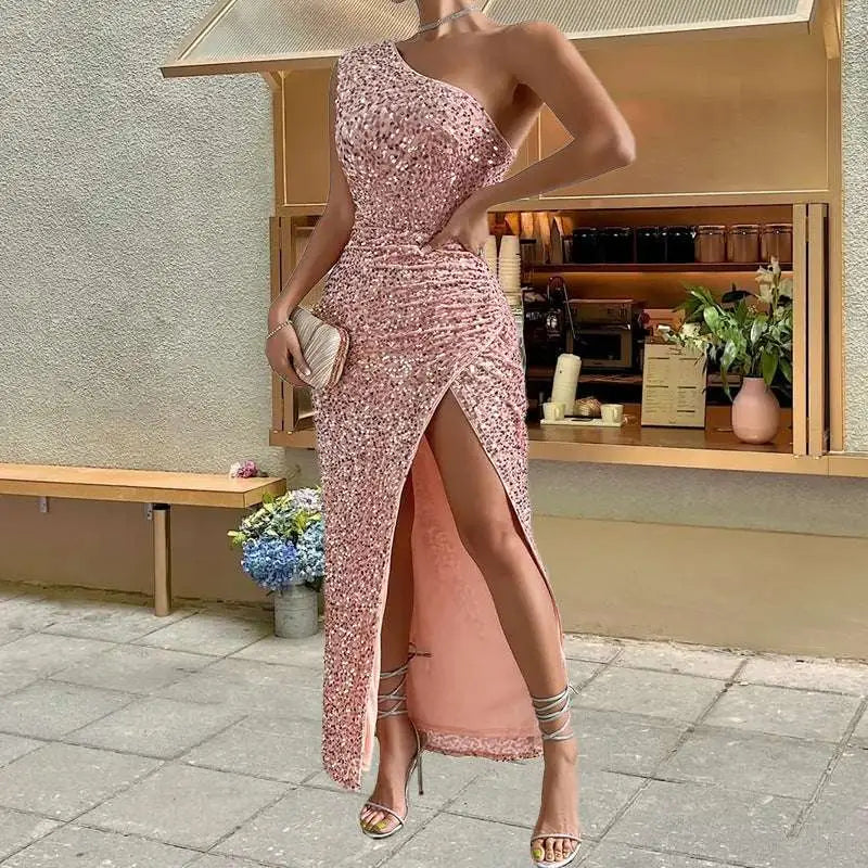 Sexy Sequined Shoulder Sleeping Beauty Split Dress