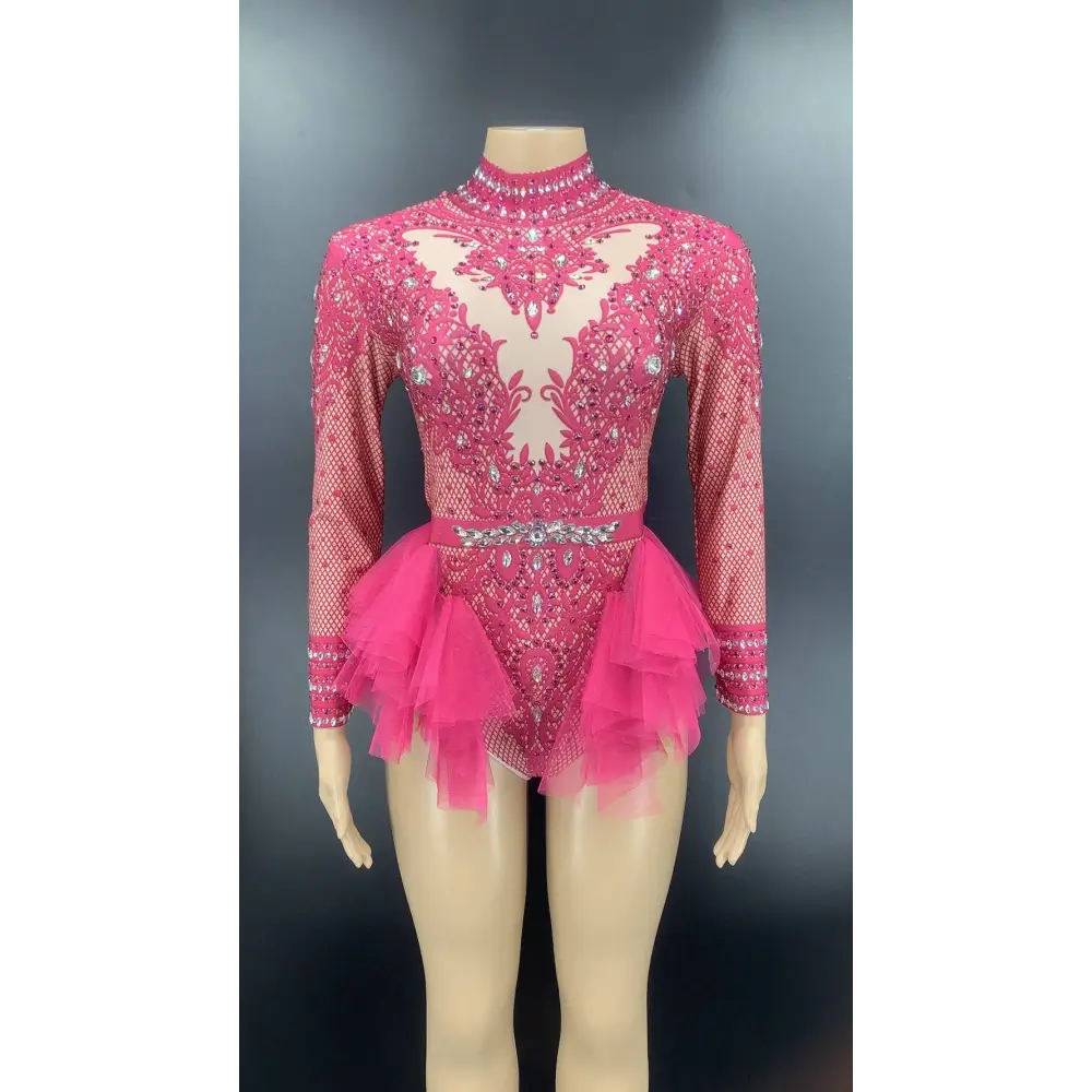 Sexy Shiny Rhinestone Mesh Performance Leotard