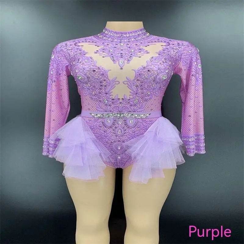 Sexy Shiny Rhinestone Mesh Performance Leotard