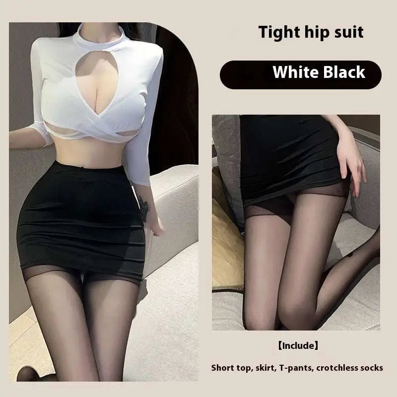 Sexy Underwear Long Sleeve White Sheer Secretary Suit