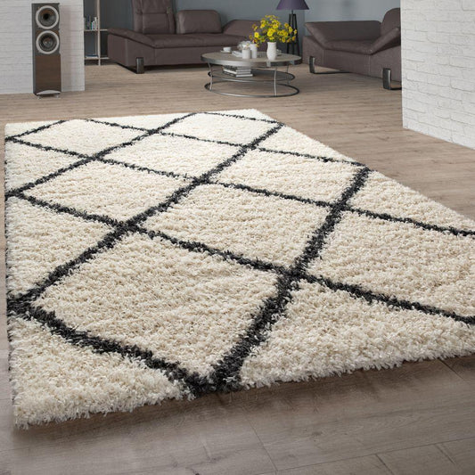 Shag Rug Cream with Diamond Pattern Scandi Design-0