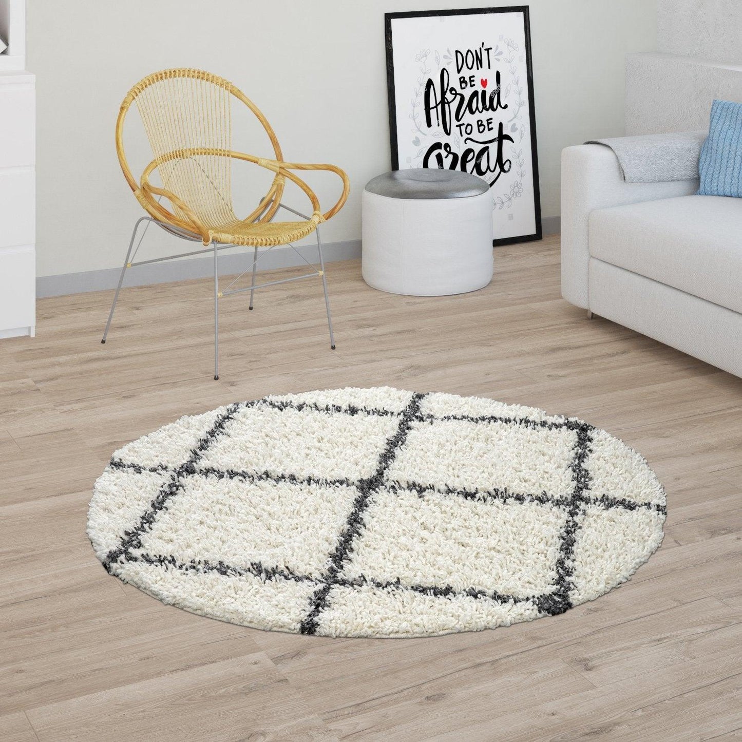 Shag Rug Cream with Diamond Pattern Scandi Design-3