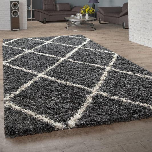Shag Rug Dark Gray with Diamond Pattern Scandi Design-0