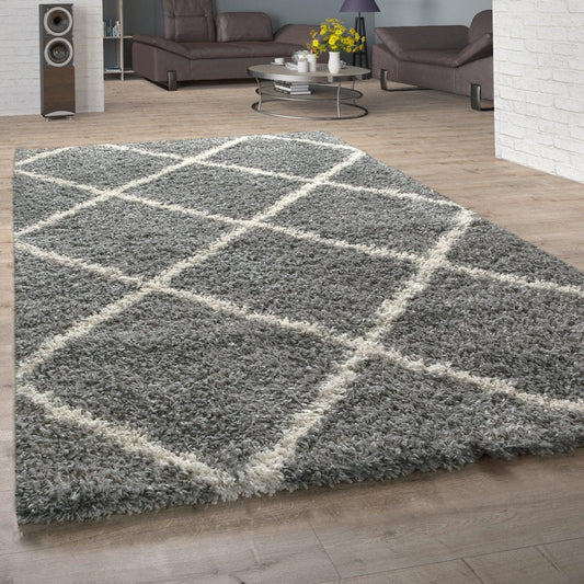 Shag Rug Grey with Diamond Pattern Scandi Design-0