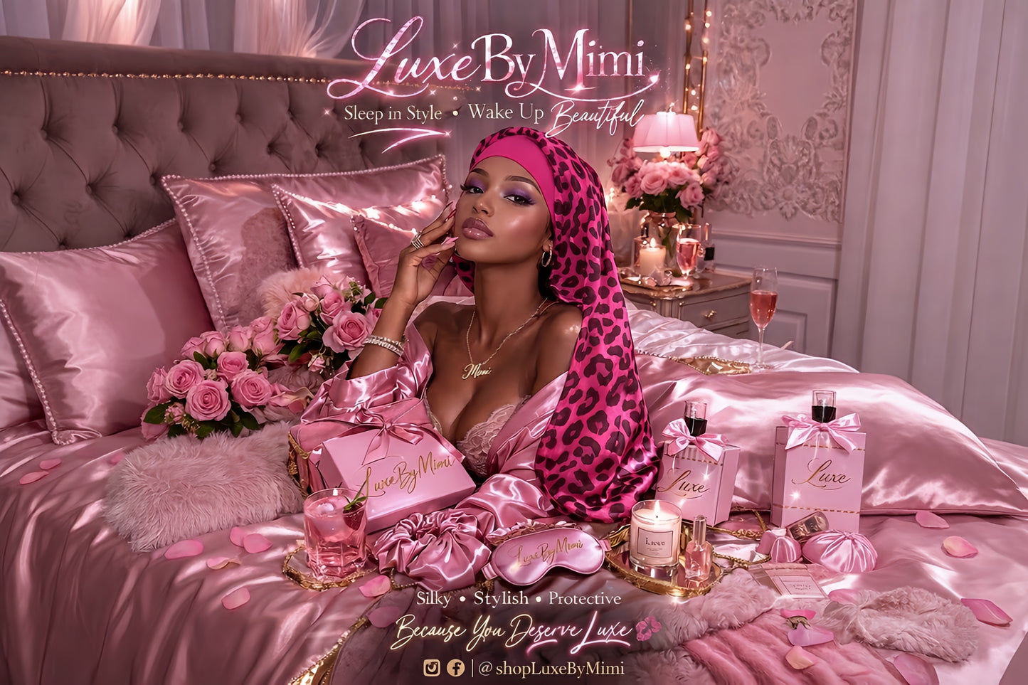 Woman in a luxurious bedroom setting with 'Luxe By Mimi' branding.