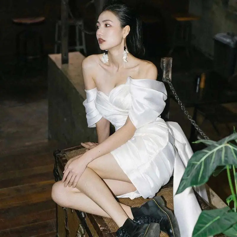 Short White Color Engagement Dress with Puffed Sleeves