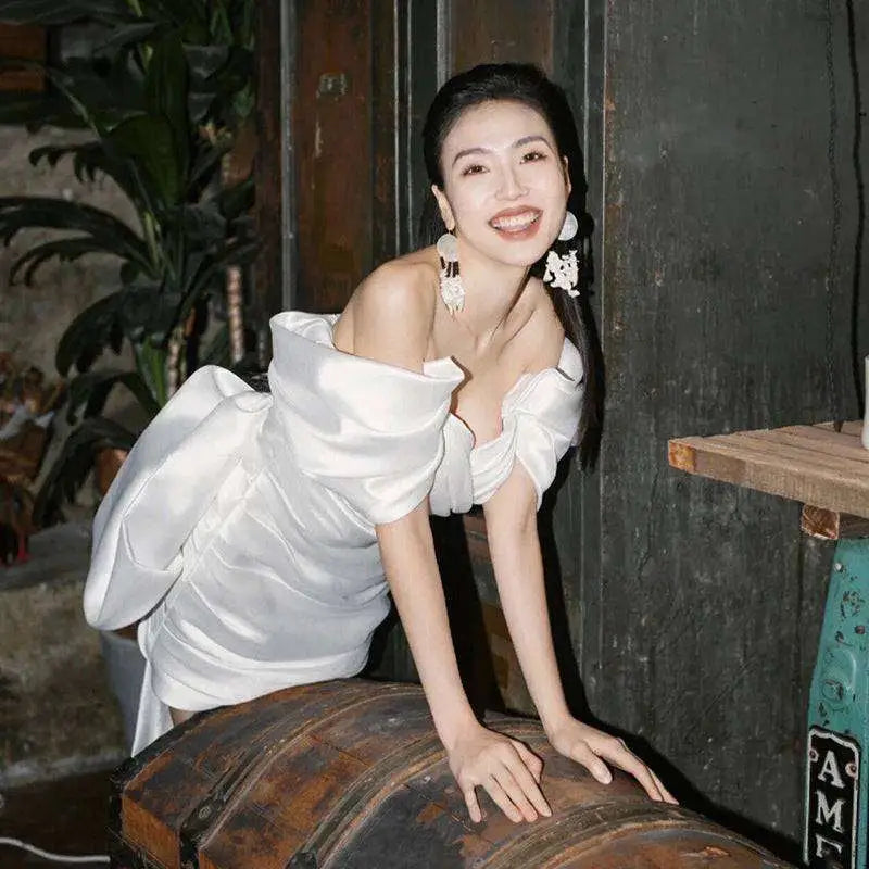 Short White Color Engagement Dress with Puffed Sleeves