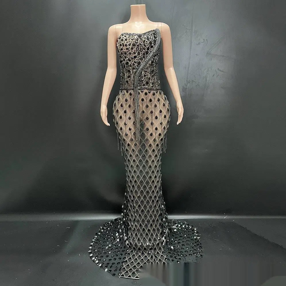 Silver Beaded Sexy Elegant Fishtail Gown