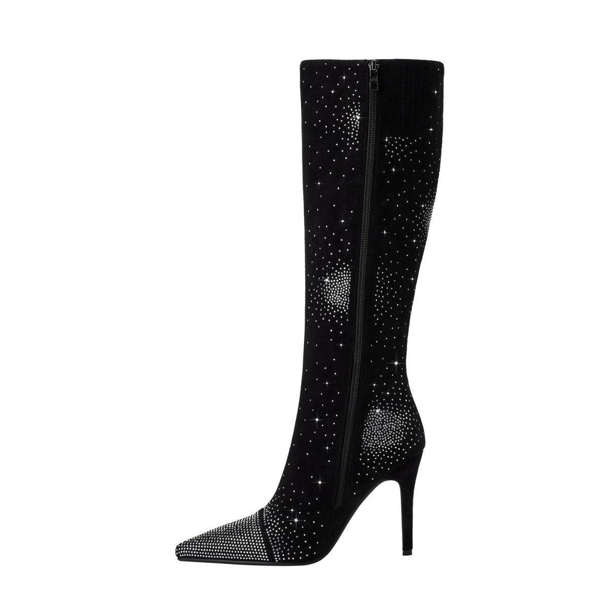 Silver Crystal Burst Black Pointed Knee High Boots-2
