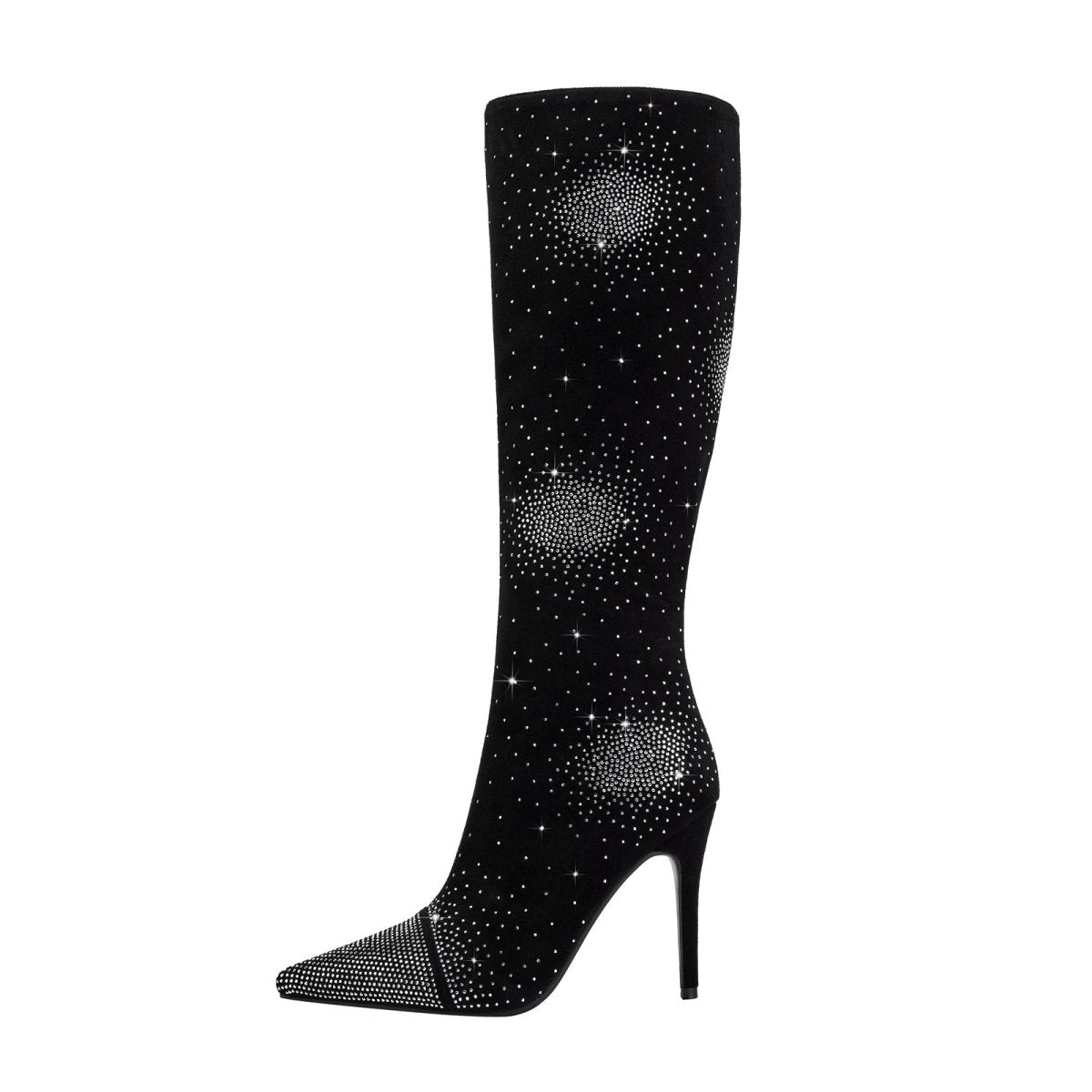Silver Crystal Burst Black Pointed Knee High Boots-0
