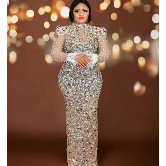 Silver Feathered Rhinestone Mesh Stretch Slim Dress