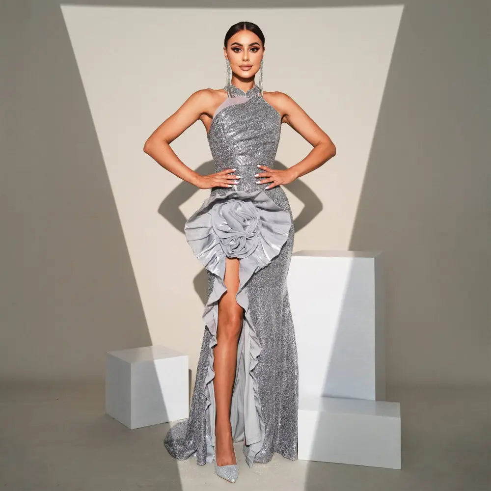 Silver Floral Ruffled Banquet Sequined Sheath Dress