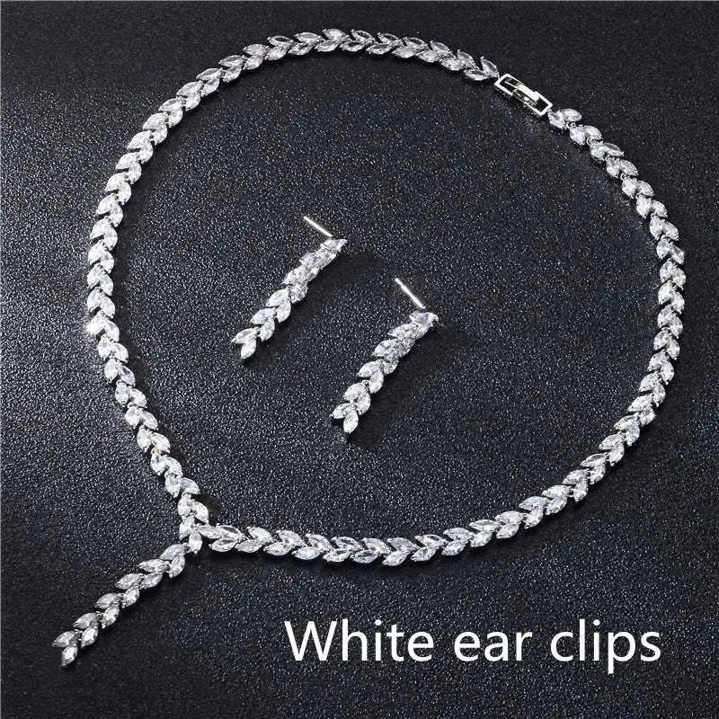 Silver Leaf Cubic Zirconia Wedding Earrings Jewelry Set