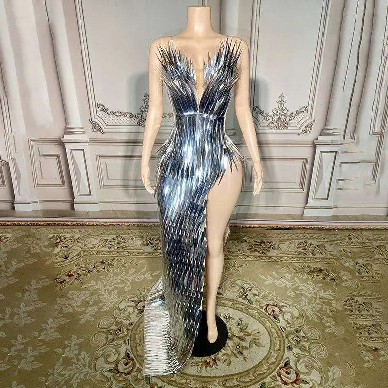 Silver Metallic Sequined Stage Advanced Light Luxury Evening Dress