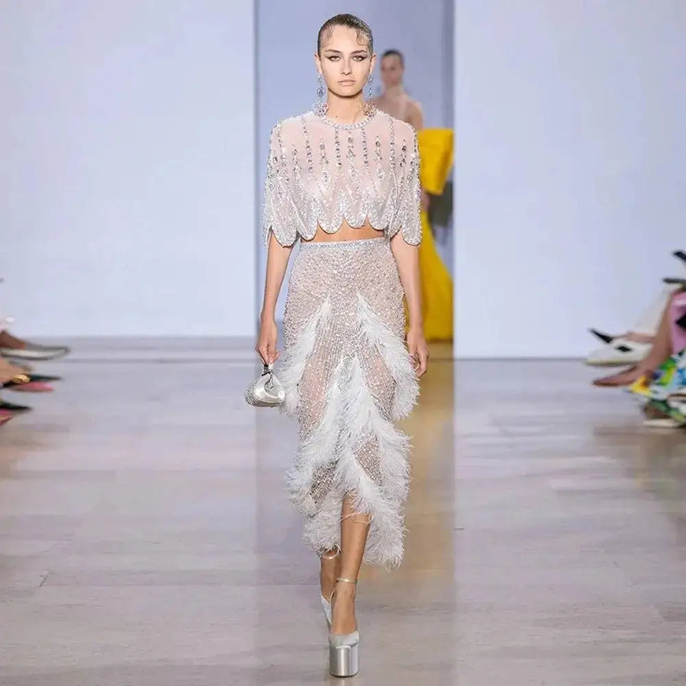 Silver Nude Feathered Evening Dress