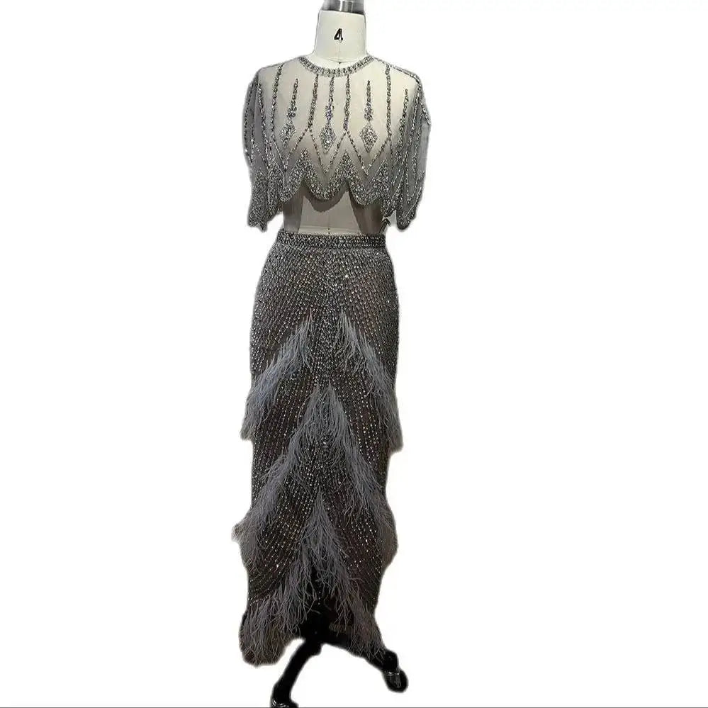 Silver Nude Feathered Evening Dress