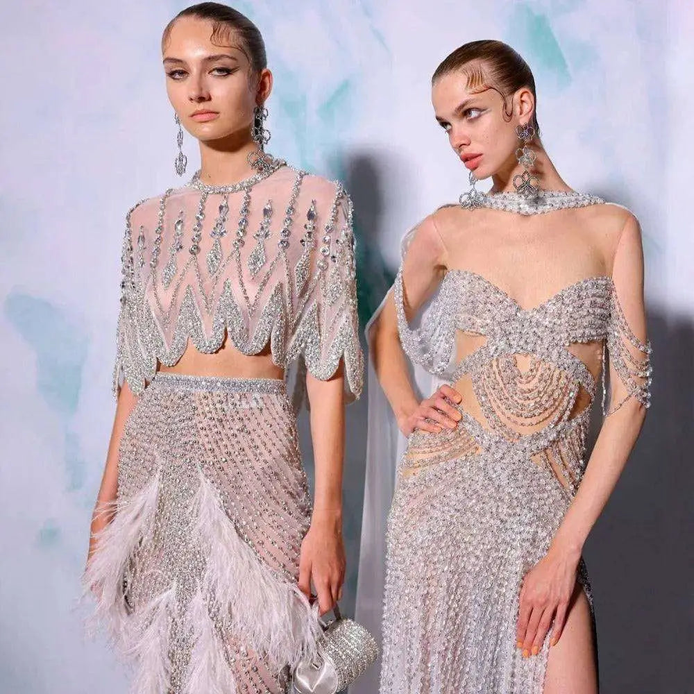 Silver Nude Feathered Evening Dress