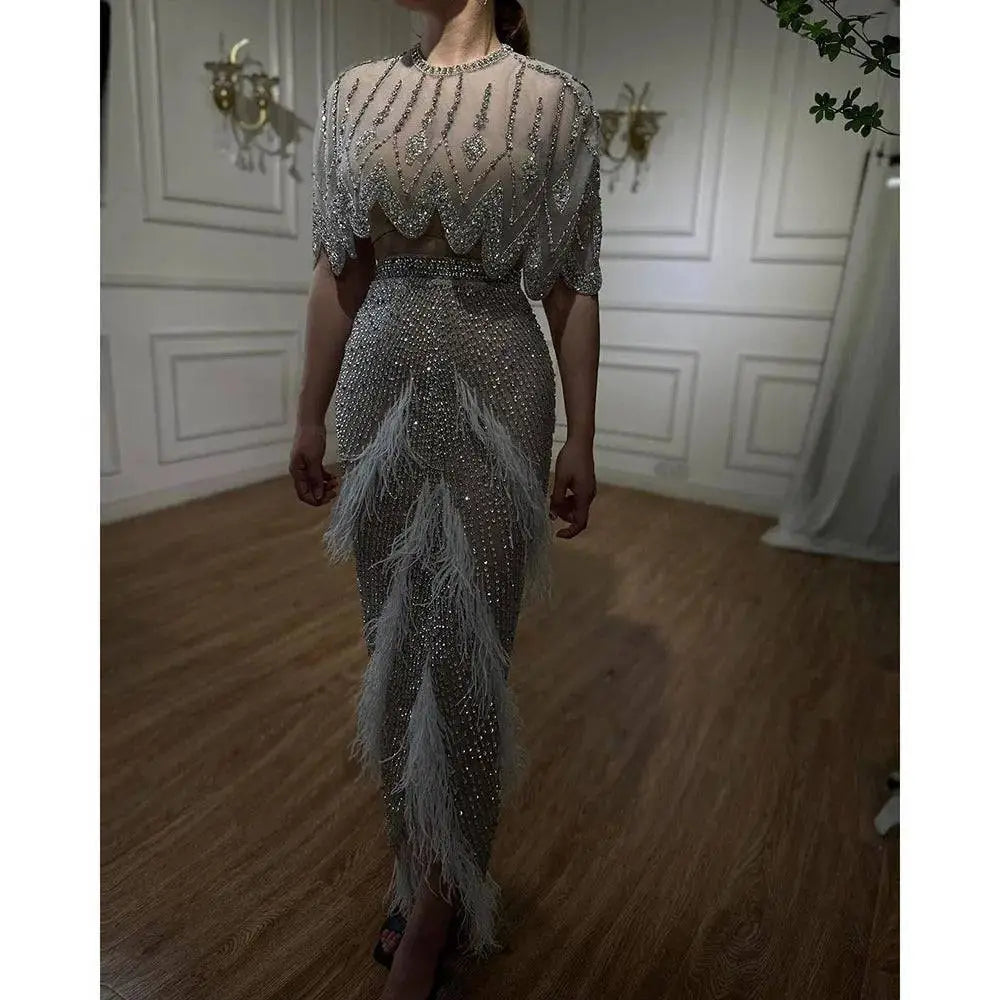 Silver Nude Feathered Evening Dress
